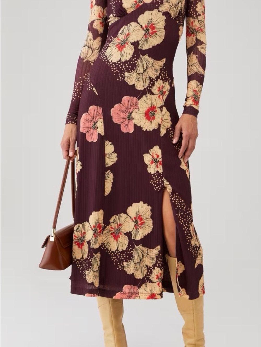 NWT Free People Floral Long-Sleeve Dress in Deep Plum Sz Medium
